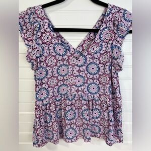 Loft women’s v-neck multi colored ruffle peplum business casual top. Size XS.